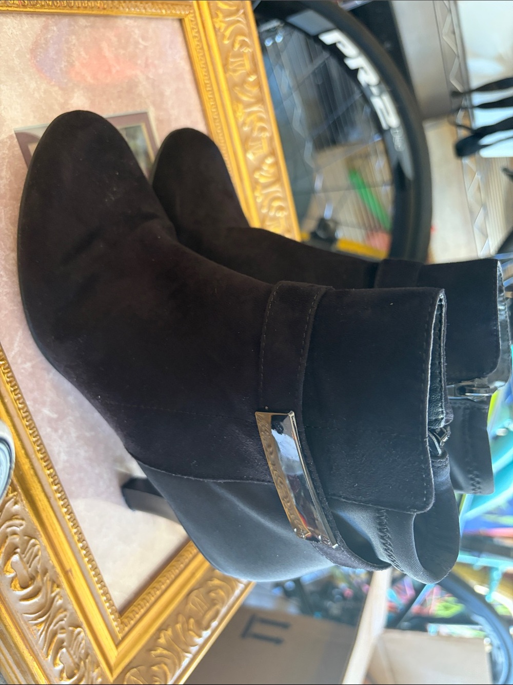 Black Suede Ankle Boot with Decorative Buckle - Women
